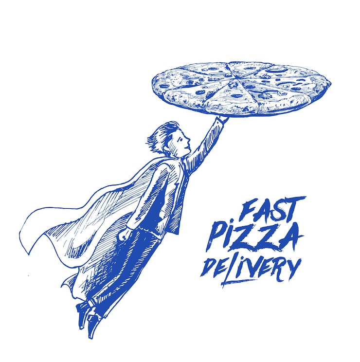 Bezpłatny plik Wektor super szybka dostawa pizzy super bohater dostarczający pizzę ręcznie rysowane szkic ilustracji wektorowych