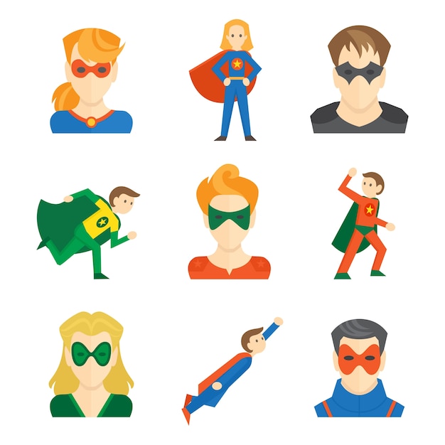 Bezpłatny wektor superhero chłopców i dziewczynki avatarów w maski i przebrania płaski zestaw izolowanych ilustracji wektorowych