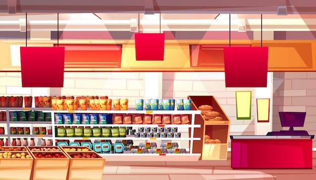 Bezpłatny wektor supermarket i sklepu spożywczego produkty spożywcze na półkach ilustracyjnych.