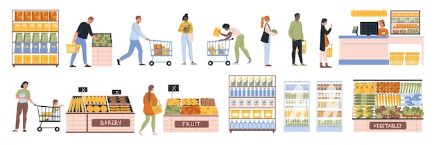 Bezpłatny wektor supermarket z izolowanymi ikonami samoobsługowych sklepowych szafek sklepowych, półek i wózków kupujących ilustracji wektorowych