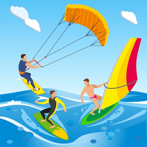 Bezpłatny wektor surfingowa kompozycja izometryczna z krajobrazem otwartego morza z obrazami chmur i różnych typów desek windsurfingowych