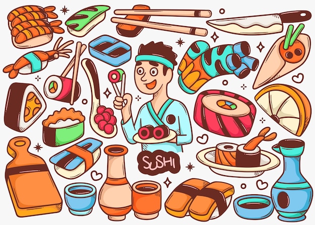 Bezpłatny wektor sushi doodle ręcznie rysowane kolor wektor kolekcja