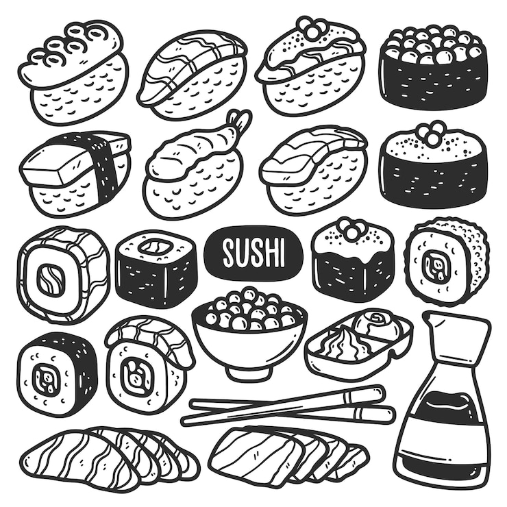 Bezpłatny plik Wektor sushi naklejki ręcznie rysowane doodle kolorowanie wektor