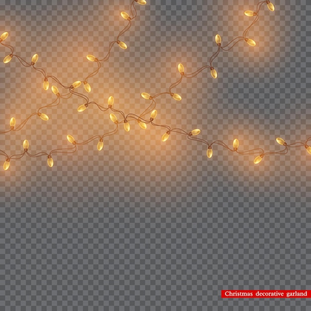 Świąteczna girlanda dekoracyjna, świecące światła do projektowania wakacyjnego. Przezroczyste tło. Ilustracja wektorowa.