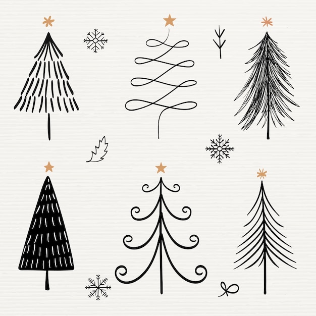 Świąteczna Naklejka Doodle, Słodkie Drzewo I Ilustracja Zwierząt W Czarnym Zestawie Wektorowym