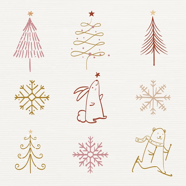 Świąteczna Naklejka Doodle, Słodkie Drzewo I Kolekcja Wektorów Ilustracji Zwierząt
