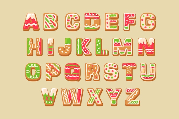 Bezpłatny wektor Świąteczne opakowanie alfabetu z piernika