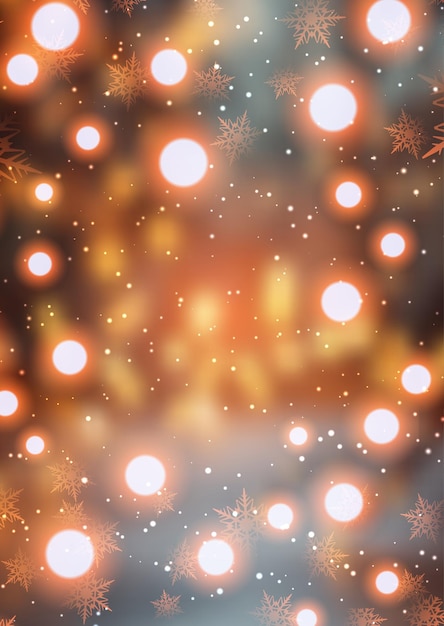 Świąteczne tło z światłami bokeh i płatkami śniegu