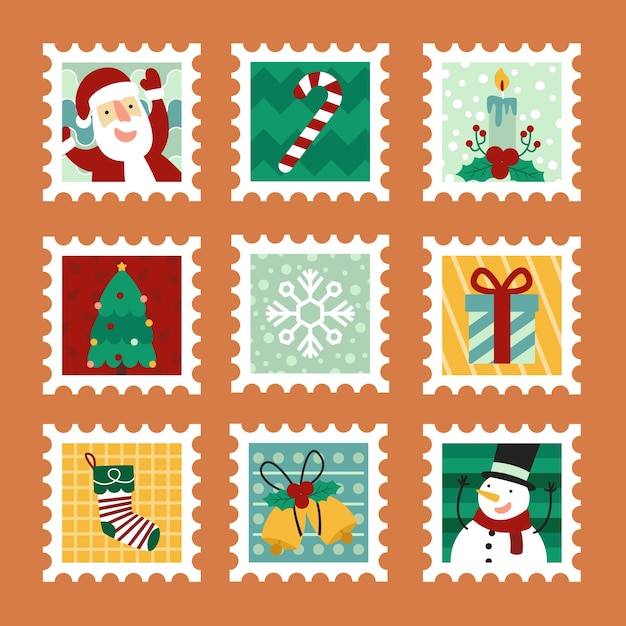 Bezpłatny wektor Świąteczne znaczki pocztowe płaska konstrukcja