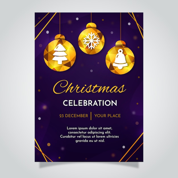 Bezpłatny wektor Świąteczny plakat z złote kule w stylu wielokąta