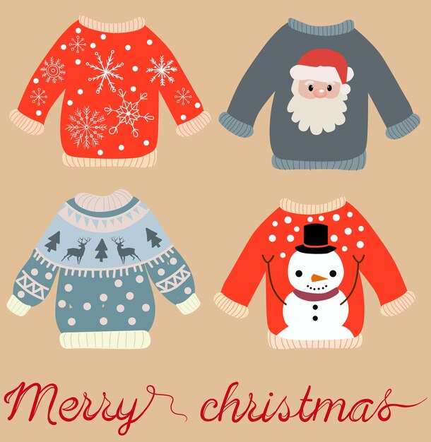 Świąteczny wzór świątecznych swetrów ze Świętym Mikołajem, bałwanem, płatkami śniegu i łosiami.