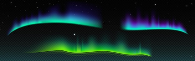 Bezpłatny wektor Światła północne z efektem świecącego neonu na ciemnym przejrzystym tle kolorowe jasne świetlne pasy zorzy północnej na polarnym nocnym gwiezdnym niebie realistyczny zestaw wektorów arktycznych zjawisk wizualnych