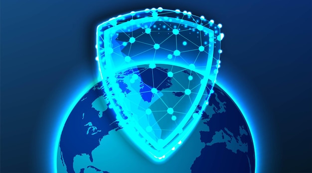 Światowa Kula Ziemska I Tarcza Globalna Sieć Społecznościowa Future Vector Niebieskie Futurystyczne Tło Z Planetą Ziemią Internet I Technologia