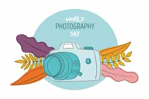 Bezpłatny wektor Światowy dzień fotografii z aparatem i liśćmi