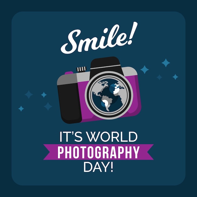Bezpłatny wektor Światowy dzień fotografii z aparatem i wiadomością