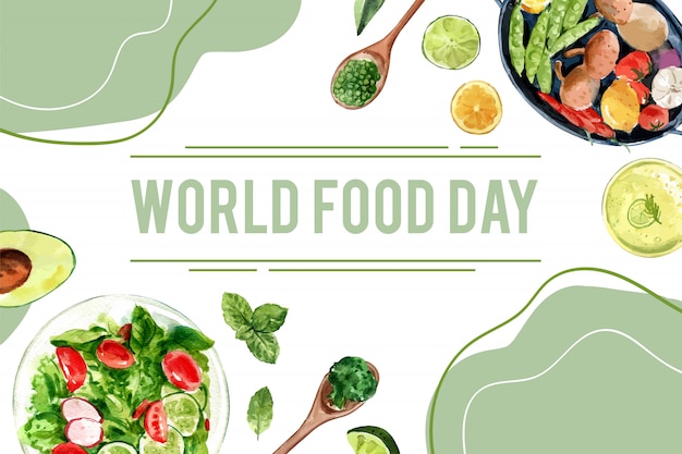 Bezpłatny wektor Światowy dzień jedzenia rama z groszkiem, awokado, bazylia, ogórek akwarela ilustracja.