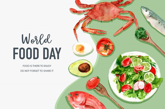 Światowy dzień jedzenia Rama z kraba, pomidorów, ryb, sałatek, jaj, akwarela ilustracji awokado.