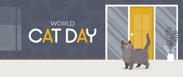 Światowy dzień kota transparent. zabawny i gruby kot. styl kreskówki. ilustracja wektorowa.