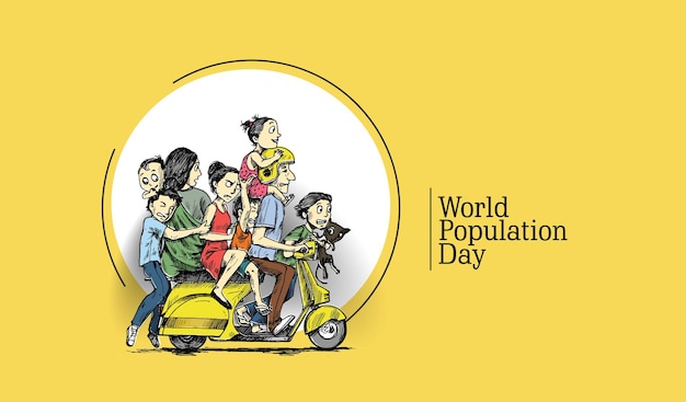 Bezpłatny wektor Światowy dzień ludności 11 lipca szczęśliwy z rodziną siedzi na skuterze ręcznie rysowane szkic ilustracji wektorowych