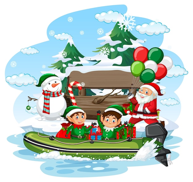 Święty Mikołaj i elfy dostarczające prezenty łodzią