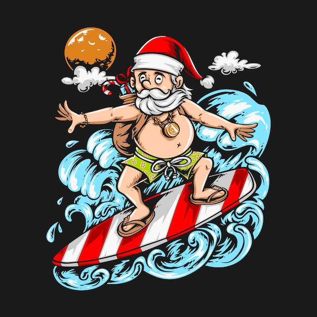 Bezpłatny wektor Święty mikołaj surfuje na ilustracji plaży