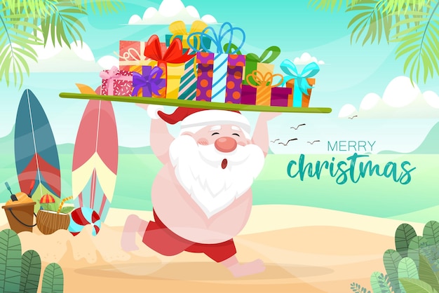 Święty Mikołaj w kostiumie kąpielowym i trzymający deskę surfingową z pudełkami na prezenty biegający po plaży