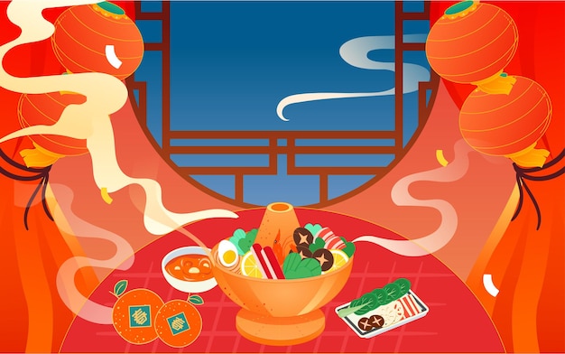 Sylwester zjazd rodzinny obiad ilustracja chiński nowy rok plakat imprezy obiadowej
