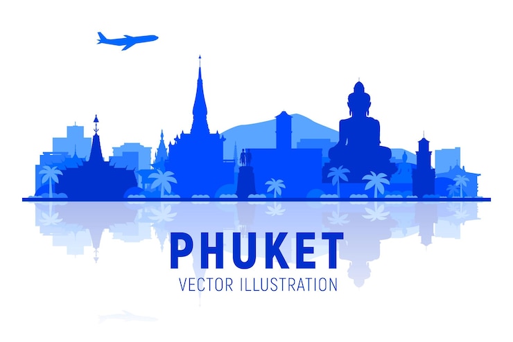 Bezpłatny plik Wektor sylwetka panoramę phuket tajlandia z panoramą na tle nieba ilustracja wektorowa koncepcja podróży biznesowych i turystyki z nowoczesnymi budynkami