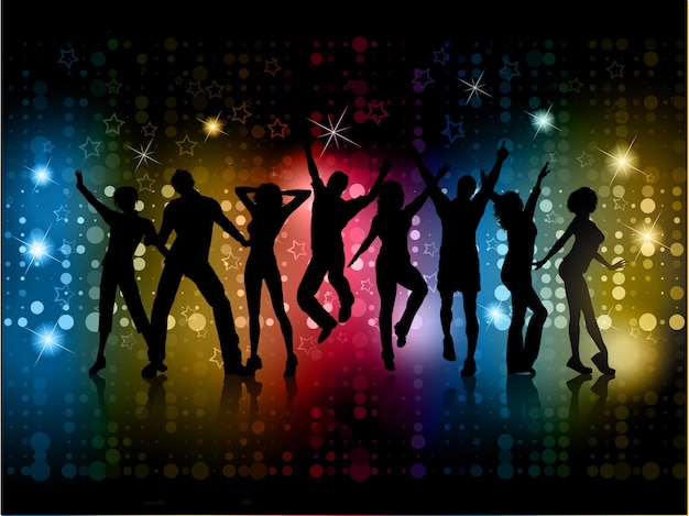 Sylwetki ludzi tańczących na abstrakcyjnym tle ze świecącymi światłami i gwiazdami