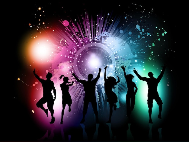 Sylwetki ludzi tańczących na kolorowym tle grunge