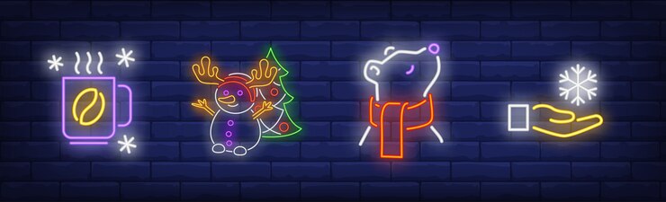 Bezpłatny plik Wektor symbole czasu zimowego w stylu neonowym z gorącą kawą