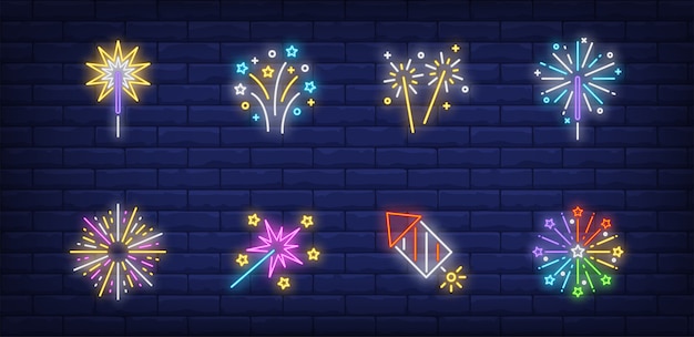 Symbole fajerwerków ustawione w stylu neonowym