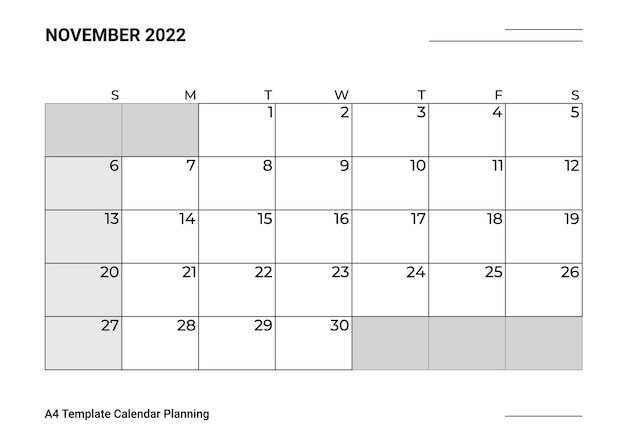 Szablon A4 Kalendarz Planowanie Listopad