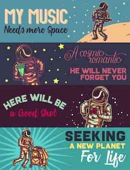 Szablon banera internetowego z ilustracjami astronauty z gitarą, kwiatami, aparatem i innymi rzeczami.