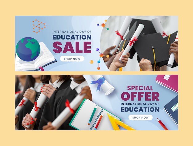 Bezpłatny wektor szablon banera sprzedaży horyzontalnej na międzynarodowy dzień edukacji