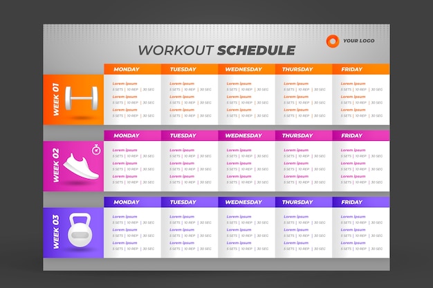 Bezpłatny wektor szablon harmonogramu rutynowego treningu gradientowego