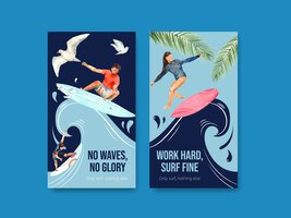 Bezpłatny wektor szablon instagram z deskami surfingowymi na plaży