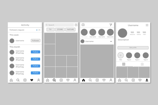 Bezpłatny wektor szablon interfejsu dla pakietu instagram