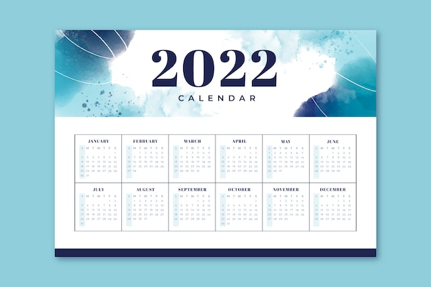 Bezpłatny wektor szablon kalendarza akwarela 2022