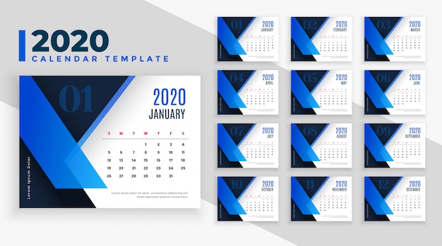 Bezpłatny wektor szablon kalendarza biznesowego 2020 w kolorze niebieskim