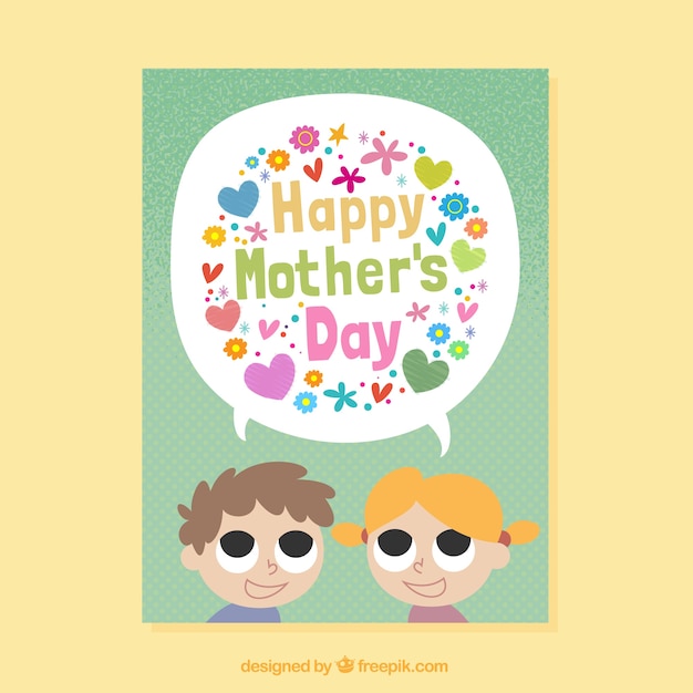Bezpłatny wektor szablon karty dzień matki z dziećmi i kolorowe kwiaty