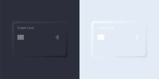 Szablon karty kredytowej z ciemnym i jasnym neumorfizmem. makieta interfejsu karty bankowej neumorficznej. makieta technologii cyfrowej. koncepcja płatności zbliżeniowych, bezprzewodowych online. eps 10