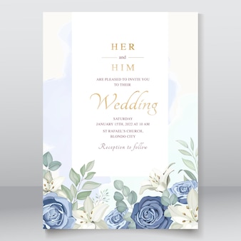 Szablon karty zaproszenia ślubne z pięknymi niebieskimi różami