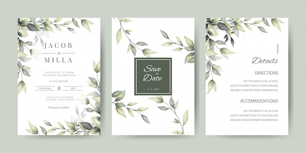 Szablon karty zaproszenia ślubne z zielonych liści dekoracji