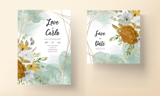 Szablon karty zaproszenie na ślub z ręcznie rysowanymi jesiennymi kwiatami
