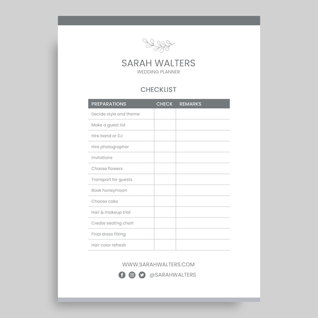 Szablon listy kontrolnej Wedding Planner