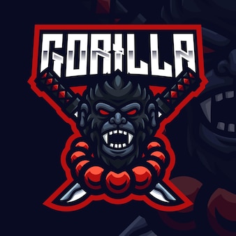 Szablon logo gry samurai gorilla maskotka dla streamera e-sportowego facebook youtube