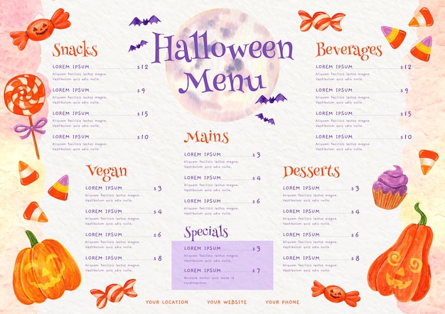 Bezpłatny wektor szablon menu akwarela halloween