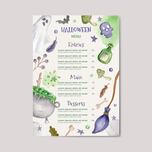 Bezpłatny wektor szablon menu akwarela halloween