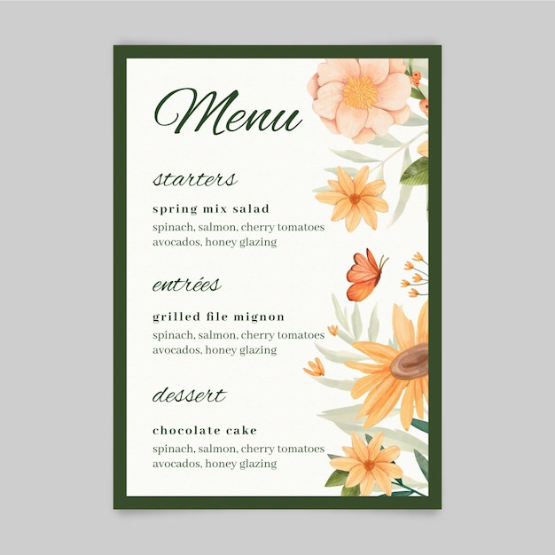 Bezpłatny wektor szablon menu akwarela kwiatowy